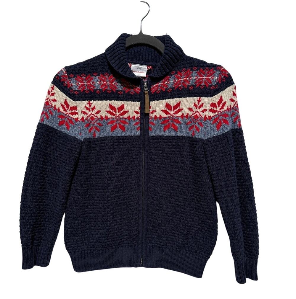 Hanna Andersson Fair Isle Sweater Boys 120 Full Zip Cable Knit Elbow Patches